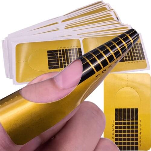 Nail Gel 100Pcs Gold Nail Art Tips Extension Sticker Forms Guide French Acrylic UV Gel Builder Form Manicure Tools Stencil