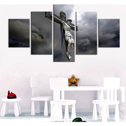 HD Printed Canvas 5 Panels Christian God Jesus Statue Cross Painting Home Decor Posters Wall Art Pictures Living Room
