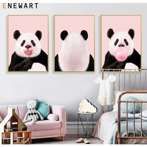 Baby Animal Kawaii Panda Canvas Poster Nursery Wall Art Print Bubble Lolipop Painting Nordic Picture Kid Bedroom Decoration