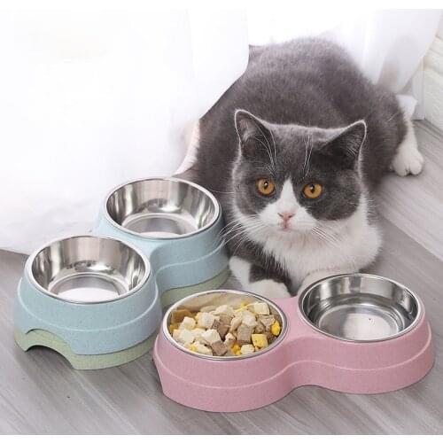 Dog Feeder Drinking Bowls for Dogs Cats Pet Food Bowl Solid Round Two-in-one Plastic Stainless Steel Bowl D2028