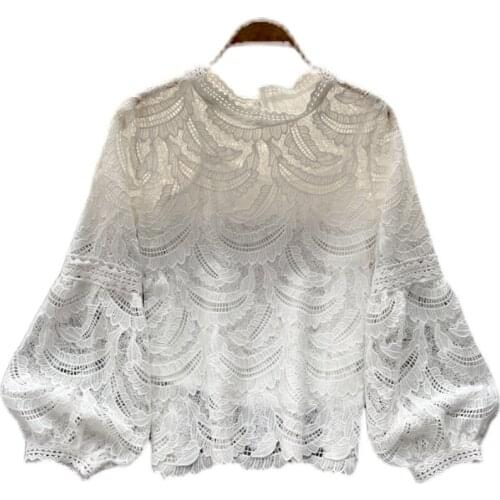 Lace Blouse Elegant Embroidery Long-Sleeved Solid Color Shirt Autumn Womens Fashion Blouse Clothing
