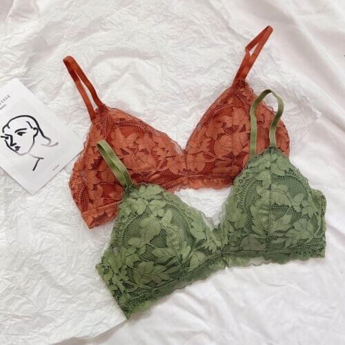 Lace underwear thin cup cotton pad bra triangle cup big breasts girl lingerie set comfortable wire free womens bralette suit