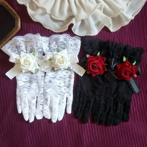 Lolita Lace Hand Cuff Gloves Lolita Accessories White Bride Flower Bow Gothic Dark
