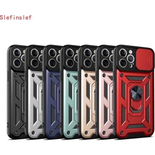 Magnetic Metal Finger Ring Holder Case For iPhone 11 12 Pro Max XR XS Max 7 8 Plus Armor 2 in 1 Slide Camera Lens Protector Case