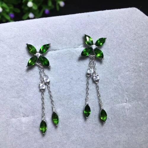 Fashion natural green diopside drop earrings Natural gemstone earrings Long luxury Lucky Clover 925 silver female party jewelry