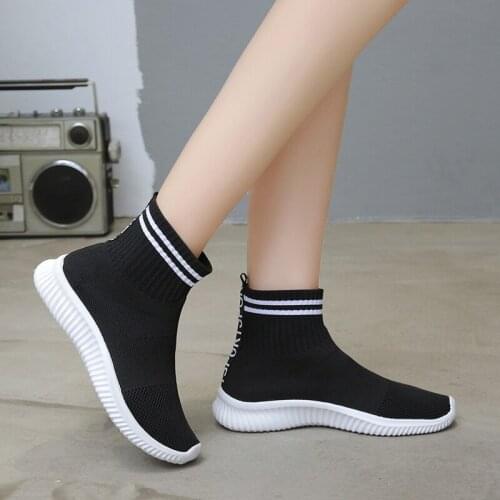 New Autumn Breathable Elastic Platform Casual Shoes Single Shoes High-top Knitted Sports Flat-soled Womens Shoes