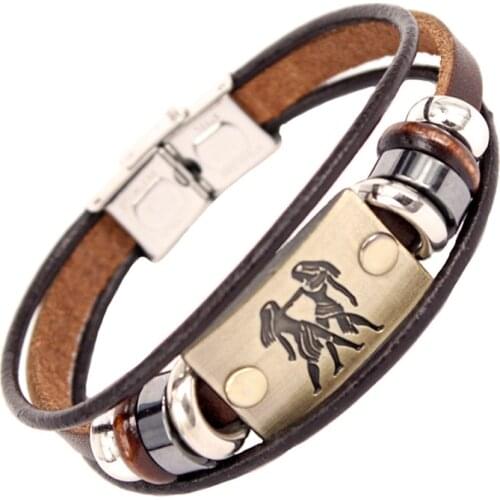 New Vintage Stainless Steel 12 Zodiac Signs Leather Bracelets For Women Men Virgo Libra ScorpioTaurus Braided Rope Bracelets