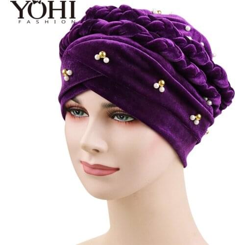 New Style Women Velvet braid bead Bandanas Headwear Cap Muslim Turban Hair Accessories Fashion Ladies Chemo Cap Free Shipping