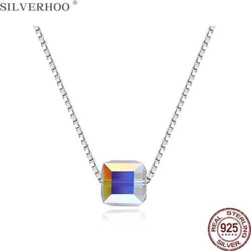 SILVERHOO 925 Sterling Silver Pendant Necklace For Women Square Shape Austria Crystal Necklace Party Fine Jewelry Hot Sale