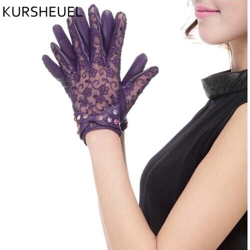 Women Decorated Lace Leather Gloves Ladies Summer UV Protection Motorcycle Driving Gloves Full Finger Leather Lace Gloves AGD516