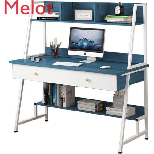 Simple Modern Woden Computer Desk Combination Steel Frame Tables Home Bedroom Desks with Bookshelf & Drawer Office Writing Desk