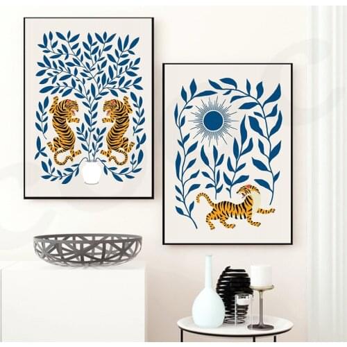 Nordic Moroccan Leaves and Tiger Canvas Posters Animals Abstract Plant Wall Art Print Painting Bedroom Decor Pictures