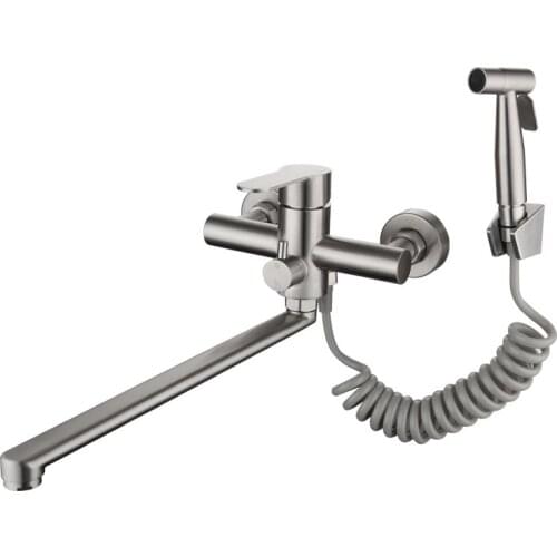 304 Stainless Steel Lead-free Long-mouth Kitchen Faucet Wall Mounted Hot Cold Mixer Bathtub Faucet With Hand Shower or Spray Gun