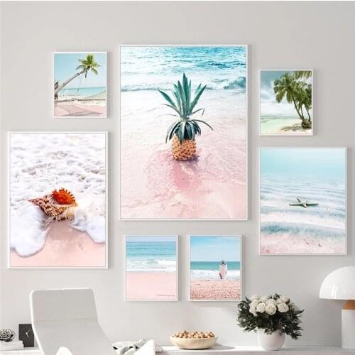 Landscape Seaside Poster Modern Home Decor Pink Wall Art Canvas Painting Coconut Tree Pineapple starfish Print Scenery Picture