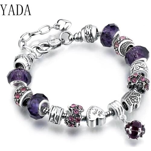 YADA Fashion diy Bracelets&Bangles Silver color heart&Crown For Women Bracelets Charm Friendship Crystal Pulseras Mujer BT200193
