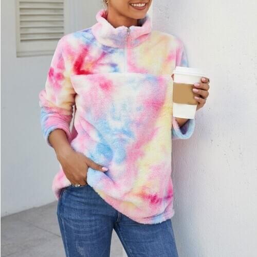 Women Fuzzy Plush Sweatshirt 1/4 Zipper Stand Collar Gradient Tie-Dye Tunic Tops