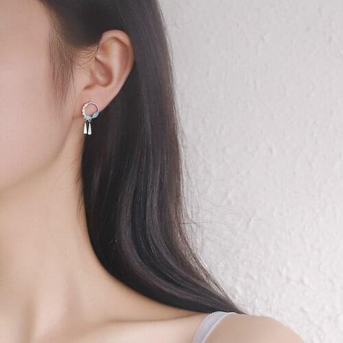 Sweet Blue Zircon Butterfly Flower Asymmetric Drop Earrings for Women Circle Silver Color Earring Jewelry New