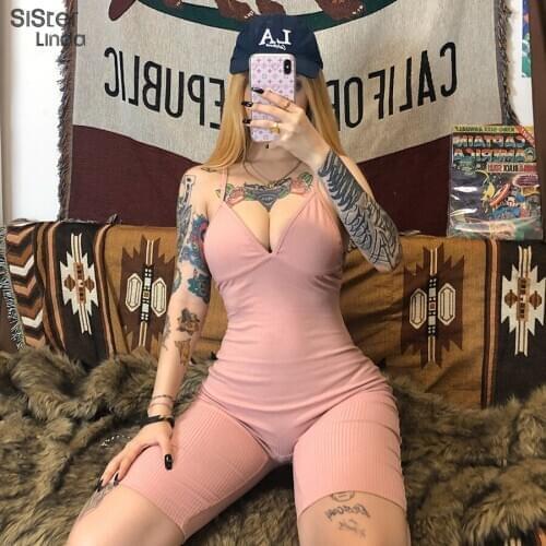 Sisterlinda Sexy BacklessRompers For Women Jumpsuits Deep V-Nevk Ribbed Streetwear Casual Body Suit Mujer Playsuit 2020 Summer