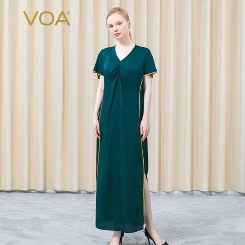 VOA Silk Jacquard V-neck Bat Sleeve Fold Open Line Decorative Hem Split Peacock Green Loose Dress for Women Summer 2021 AE832