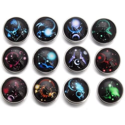 12pcs/lot New 18MM Snap Jewelry 12 Constellation Zodiac Print Glass Snap Buttons fit 18mm Snap Bracelet Bangle Earrings Necklace