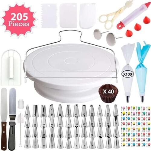 205pcs/set Cake Turntable Set Multifunction Cake Decorating Kit Pastry Tube Fondant Tool Party Kitchen Dessert Baking Supplies
