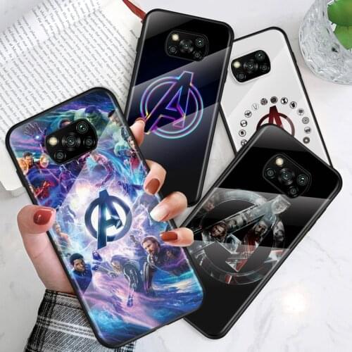 Tempered Glass Shell Luxury Cover Marvel Avengers Logo For Xiaomi Mi POCO F3 F2 X3 NFC X2 M2 Pro Shockproof Phone Case