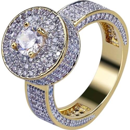 Hip Hop Micro Pave AAA Cubic Zirconia Bling Iced Out Gold Round Finger Rings for Men Women Trendy Jewelry