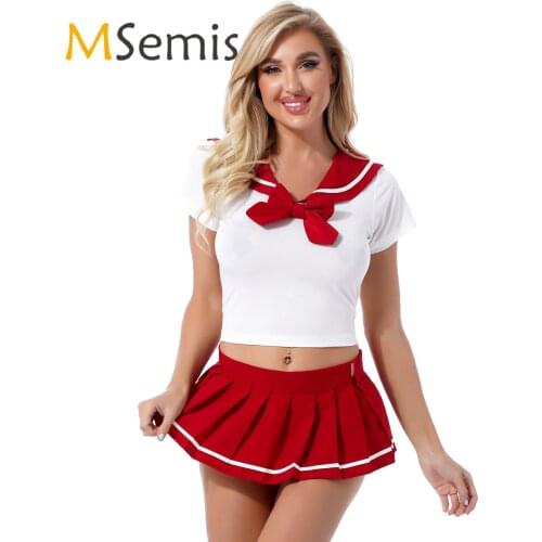 Womens Lingerie Set Schoolgirl Cosplay Uniform Suit Lapel Collar Tops with Pleated Skirt Tie and G-String Briefs for Roleplay