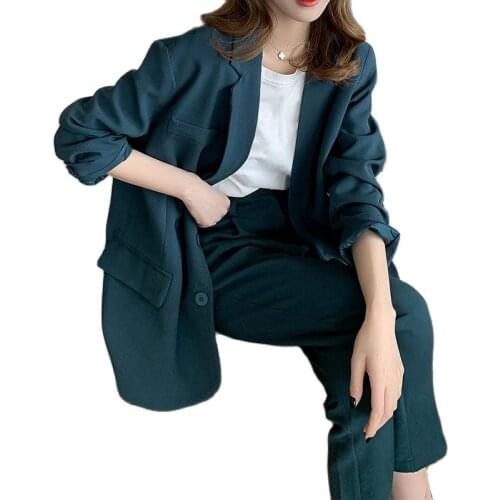 TYJTJY Fashion Suit Female 2021 Spring New Korean Suit Jacket Pants Peacock Blue Casual Suit Two-Piece Tracksuit Women