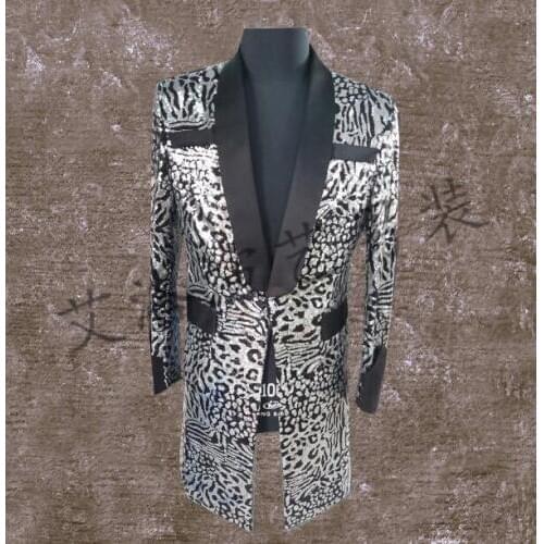 Men long suits designs terno stage costumes for singers men leopard sequin blazer dance clothes jacket style dress punk rock