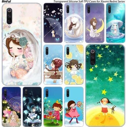 Cartoon Little girl and cat Soft Case For Xiaomi Pocophone F1 9T 9 9SE 8 A2 Lite A1 A2 Mix3 Redmi K20 7A Note 4 4X 5 6 7 Pro S2