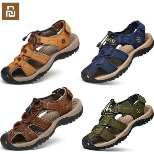 New Youpin Large Size Mens Sandal Summer Shoes Leather Rubber Anti-slip Manual Sewing mens Outdoor Climbing Beach Shoes
