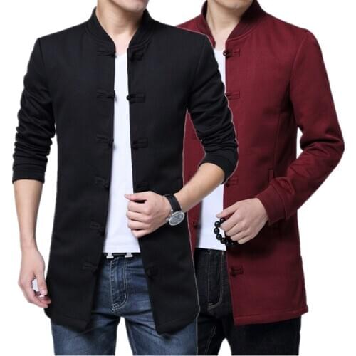 Autumn Chinese Style Retro Mens Long Jacket large size S M L XL 2XL 4XL 5XL Fashion Slim Male Tops Black Red Men Coats