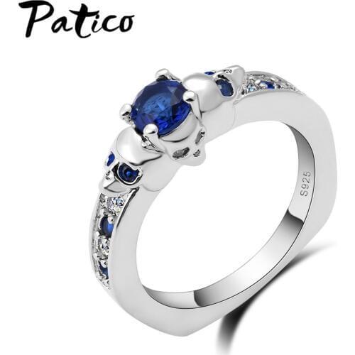 Simple Round Skull Finger Rings Bijoux Shiny Punk Face 925 Sterling Silver With Blue Cubic Zirconia Wedding Jewelry Gifts