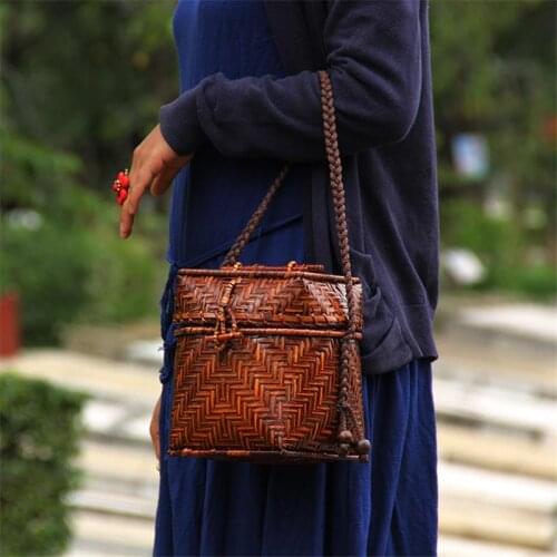 15x19CM Thai Handmade Bamboo Woven Bag Decorative Bag Tea Set Bag Handbag Small Fresh New Original Bag Retro Handbag a6113