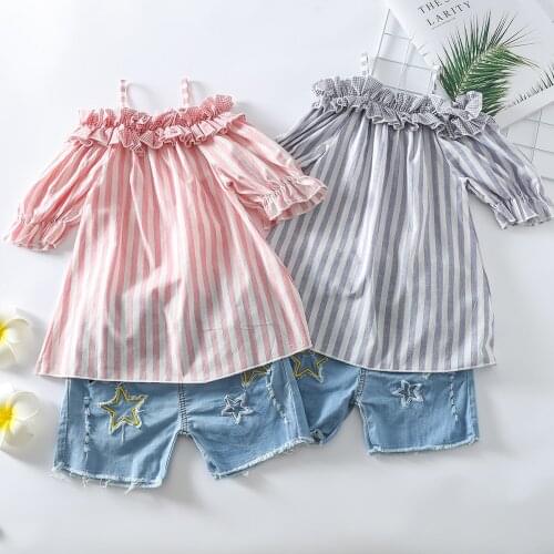 FOCUSNORM Summer 2pcs Kids Girls Clothes Sets 1-5Y Striped Off Shoulder Short Sleeve T Shirts Tops Denim Hole Shorts