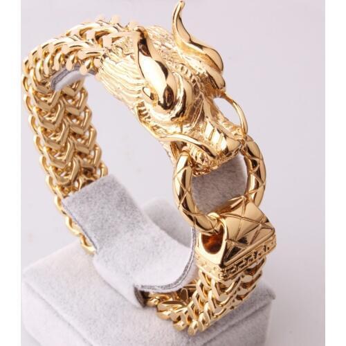 Vintage Golden 3D Dragon Head Figaro Link Chain 17mm Personality Design Stainless Steel Mens Boys Casting Bracelets Jewelry