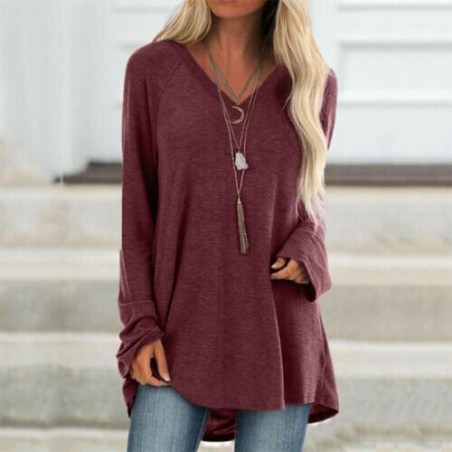 High Quality Fashion Women Autumn Clothes Solid-Color V-Neck Long-Sleeves Large Size Pullover Top for Chubby Girls