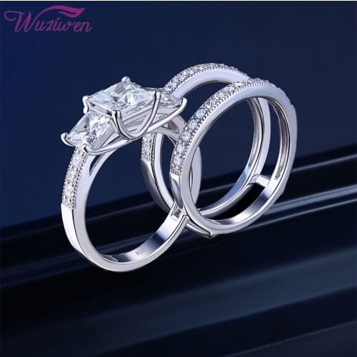 Wuziwen 925 Sterling Silver Princess Cut AAAAA Zircons Engagement Rings Set For Women Guard Wedding Band Trendy Jewelry BR1187