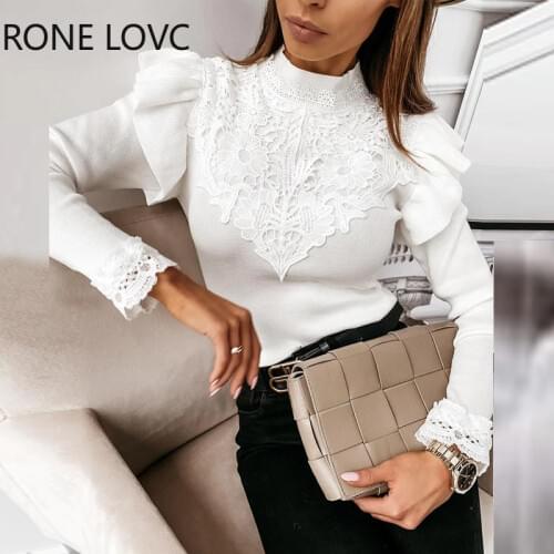 Women Solid Long Sleeve Bubble Sleeve Lace Blouse Women Tops and Blouses