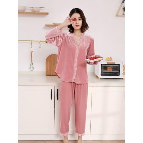 Womens Pajamas Gold Velvet Autumn Winter Long-Sleeved Trousers Sleepwear Solid Color V-Neck Cardigan Lace Loose Casual Homewear