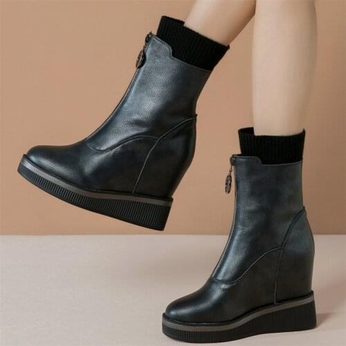 Punk Creepers Women Cow Leather Wedges High Heel Motorcycle Boots Female Round Toe Platform Pumps Casual Shoes Fashion Sneakers