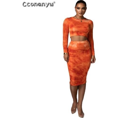 Women Printed Tie-Dye Two Piece Set Autumn Slim O-Neck Top And Knee-Length Skirt Sexy Bodycon Clothing Outfits Streetwear