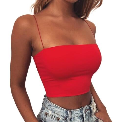 Women Spaghetti Strap Crop Top Solid Color Sleeveless Sling Stretch Skinny Slim Tank Top Blouse