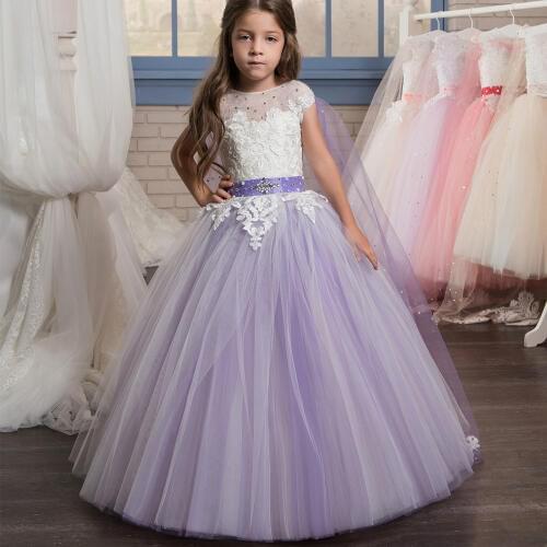 2017 New Arrival Purple Flower Girl Dresses Ball Gown O-Neck Sleeveless Beading Formal First Communion Gowns Vestidos Longo Hot