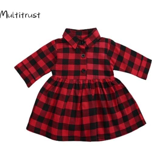1-4Y Toddler Girls Vintage Plaid Dress Lapel Neck Half Sleeve Buttons Pleated Dress Christmas Dress