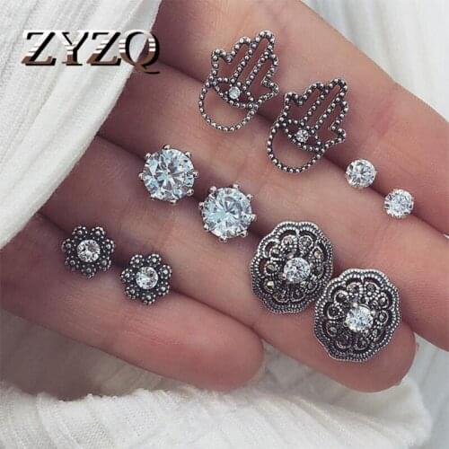 ZYZQ 5-piece Retro Crystal Flower Stud Earrings for Women Fashion Jewelry Rhinestones Earrings Gift for Party Best Friend