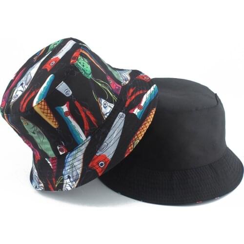 2021 New Fish Print Cartoon Bucket Hat Reversible Fisherman Hat Streetwear Hip Hop Flat Caps Fishing Beach Sun Hats