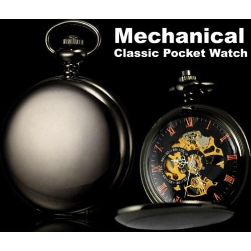 Classic Watches Black Stainless Steel Smooth Case Full Hunter Mens Hand Winding Mechanical Pocket Watch Steampunk Women Gifts