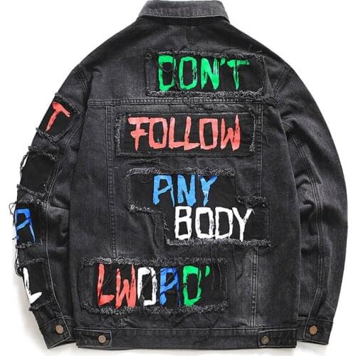 Men Denim Jacket Retro Black Slim Fit Printed Designer Patchwork Hip Hop Jackets Men Punk Style Biker Jacket Fashion Streetwear
